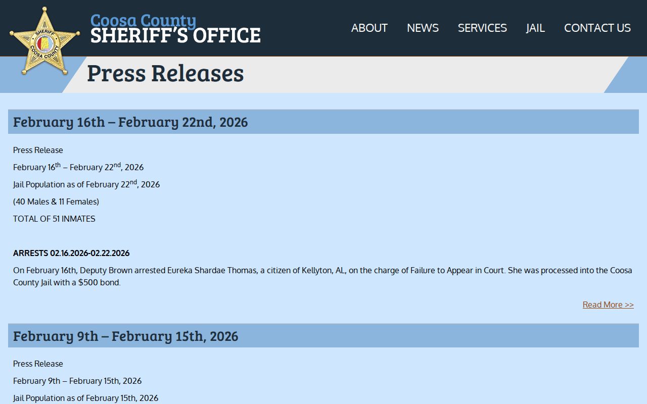 Coosa County sheriff weekly busted booking and arrest release archive