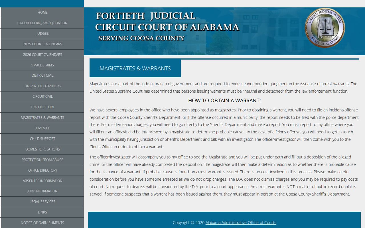 Coosa County warrant access policy for sheriff's most wanted inquiries
