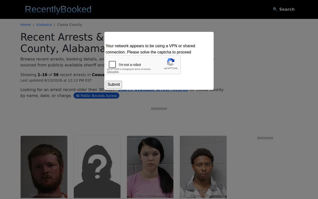 Unofficial Recently Booked Coosa County mugshot news index