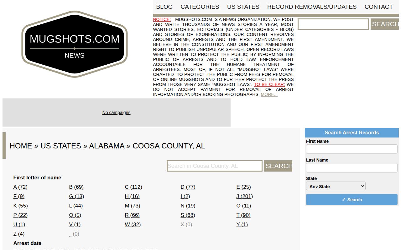 Unofficial Mugshots.com Coosa County historical index